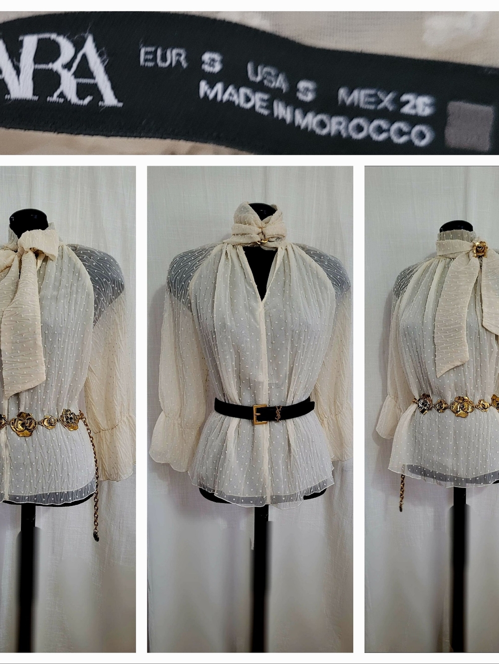 Zara  Swiss Dot Tie-Neck Blouse